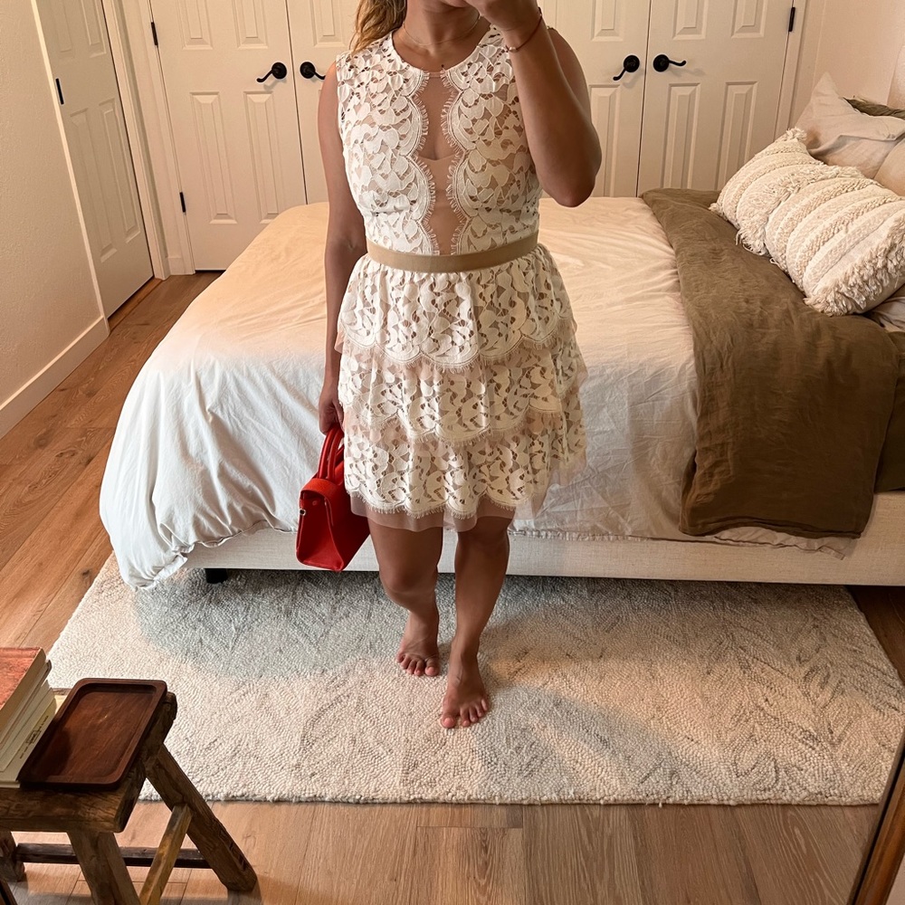 Lace tiered fit and flare dress with nude detailing